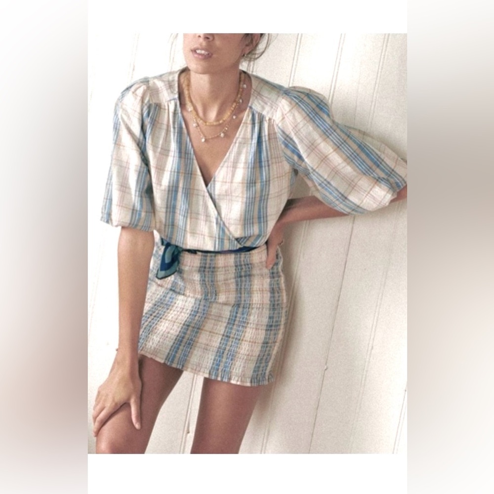 Sezane Robe Courte Olga Dress Cotton Linen Check  Carreaux Bleu Camel Size 6 NWT